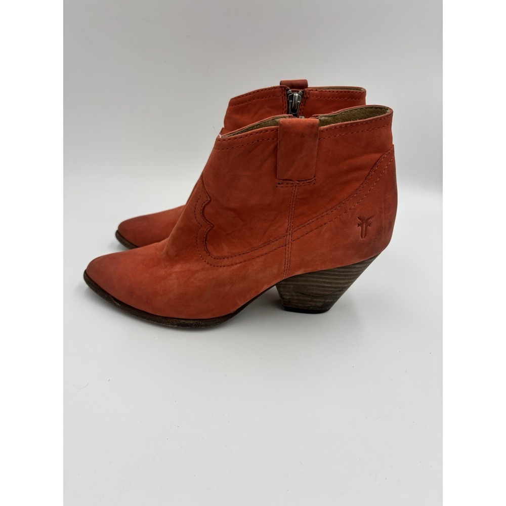 Frye Reina Boots Leather Western Ankle Pointed Toe Stacked Heel Orange Womens 6